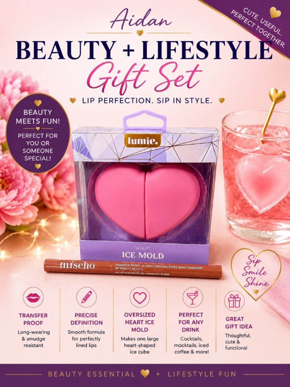 Mischo Beauty Transfer Proof Lip Liner + Lumie Heart Ice Mold Gift Set